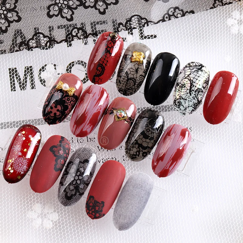 6 шт./лот черно-белые кружевные цветочные Переводные Стикеры для нейл-арта своими