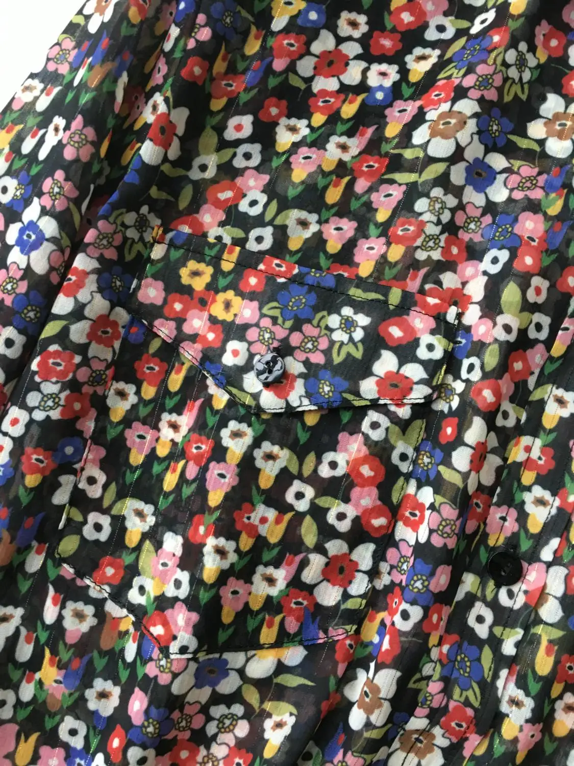 

Women Double Pocket Flower Print Blouse Gold Line Long Sleeve Shirt and Tops