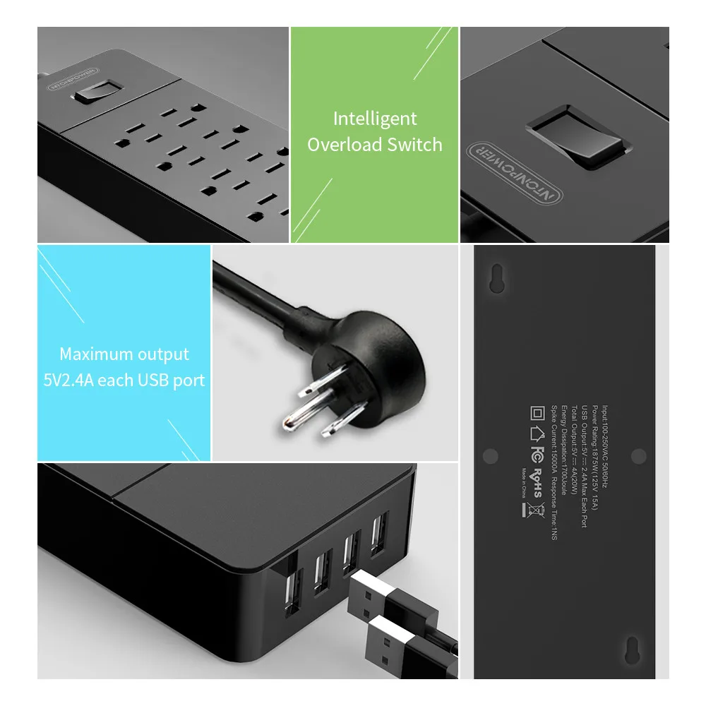 NTON силовой USB сетевой фильтр с вилкой США 12 розеток переменного тока USB зарядное устройство 4 порта, подвесной слот для установки, 1,5 м шнур питания