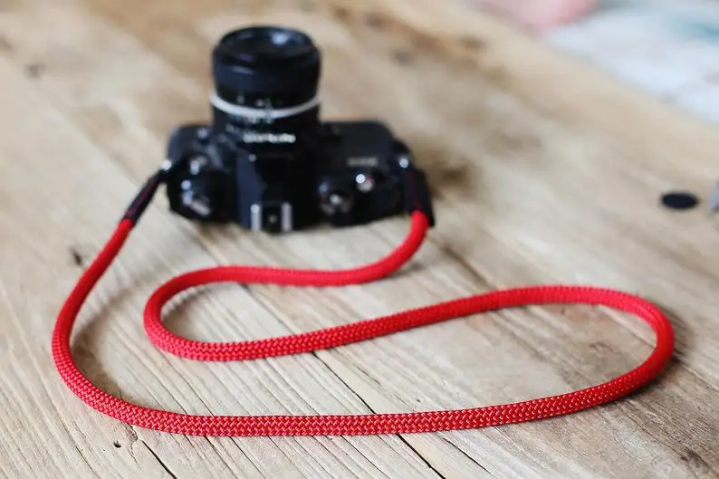 COOL pure red climbing rope 8mm black leather handmade Camera neck shoulder strap &amp Windmup |
