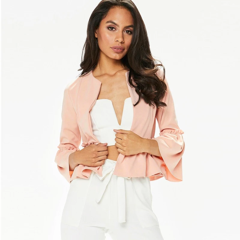 BHplushyee Chaqueta mujer 2018 красный оборками короткая куртка Для женщин Мода Flare рукавом