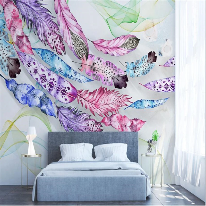

beibehang Wallpaper Mural Custom Living Room Bedroom Modern Fashion Color Feather Line Art Mural TV Background Home Decor