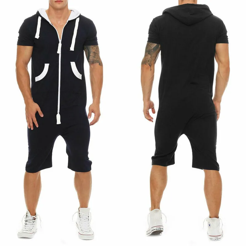 Черный HIRIGIN Stylish Men Short Sleeve Romper Casual Jumpsuit Hooded One Piece Playsuits Wear Sets - Цвет: Черный