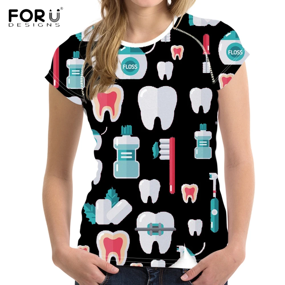 FORUDESIGNS/забавные женские летние короткие футболки с принтом зубов, модные брендовые черные топы футболки в стиле Харадзюку для девочек