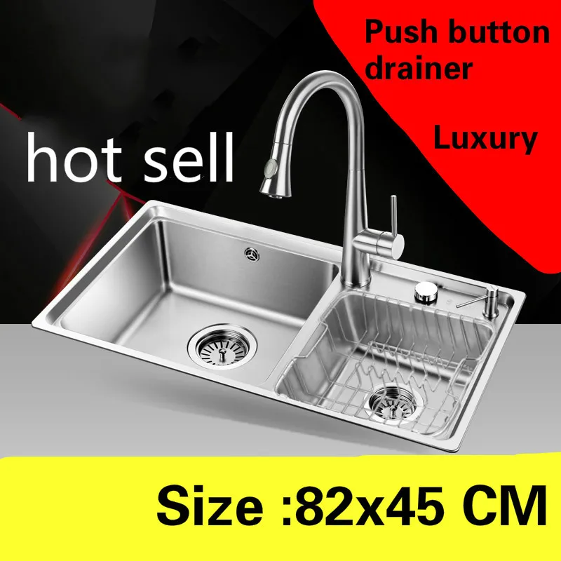 

Free shipping Apartment big kitchen double groove sink vogue push button drainer luxury 304 stainless steel hot sell 82x45 CM