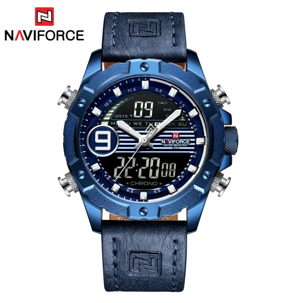 Синий NAVIFORCE брендовые новые мужские часы цифровые кожаные мужские спортивные часы с хронографом военные кварцевые часы 3 бар водонепроницаемые коричневый желтый - Цвет: Синий