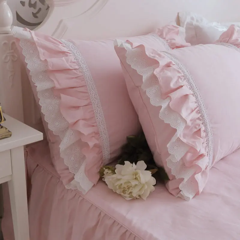 

Top pink embroidery lace ruffle bedding set European style bedroom textile luxury cake layers duvet cover bedspread pillowcase
