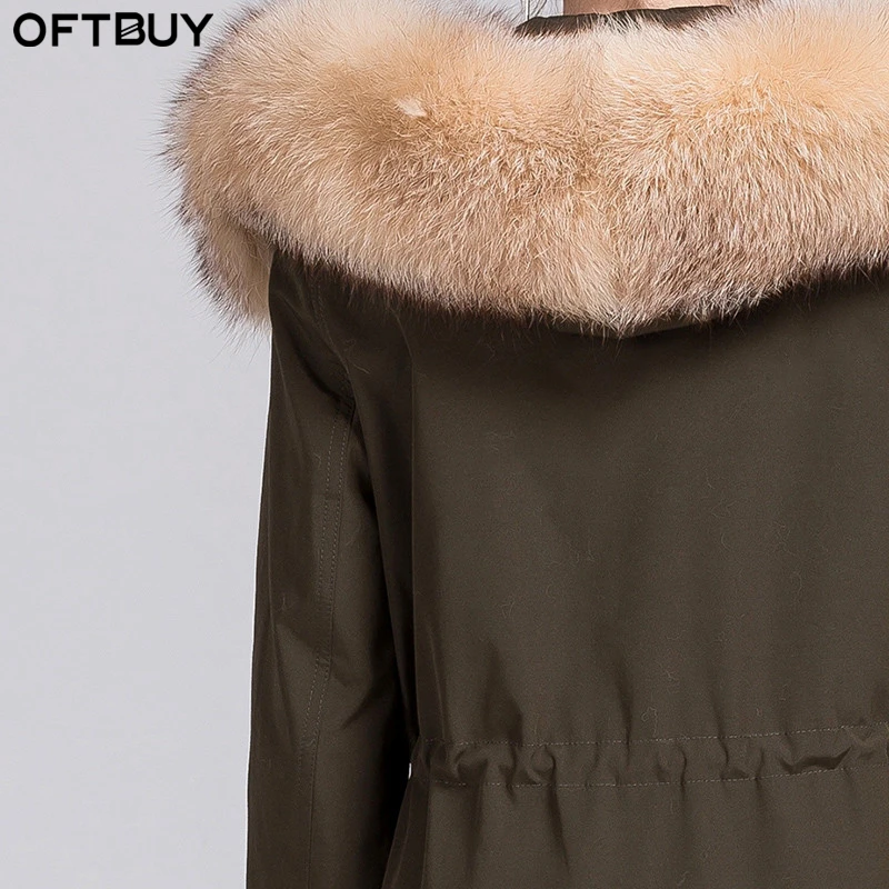 Oftbuy Новинка 2017 года Fashion хаки зимняя куртка женские парки пальто с мехом Real Natural