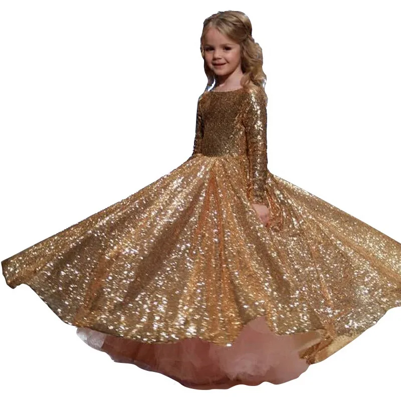 Golden sequin dress princess children clothing stage dance show costume kids ball gowns for proms long sleeve party evening club | Детская