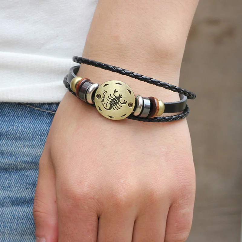 Классический мужской браслет модный с 12 зодиалами подвеской Регулируемый