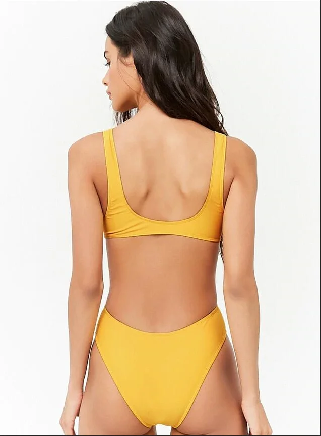 Женский купальник-бикини с глубоким v-образным вырезом и открытой спиной желтый