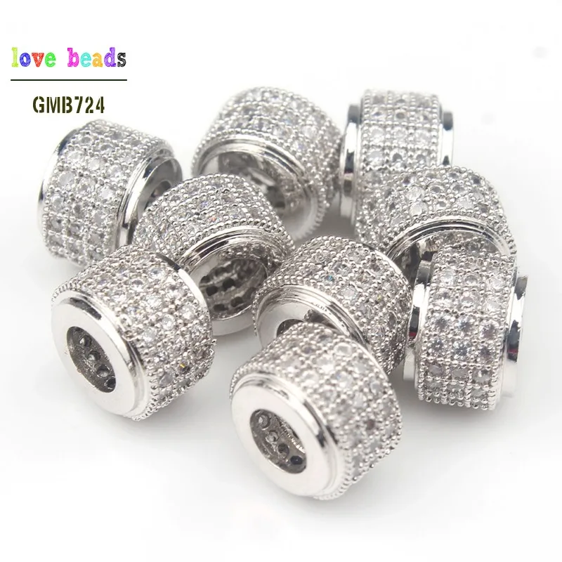 white silver 6*9 мм CZ базовый разделитель бусины микро проложить колонну циркония DIY Металлические медные бусины-спейсеры для мужчин бисерные браслеты изготовление 3 шт./лот - Цвет: white silver