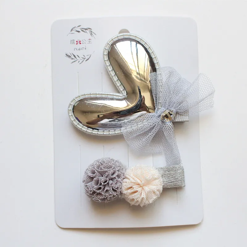 8sets/lot Lovely Hair Shinning Heart Clip Cute Kid Gauze Roll Double Pom Hairpin PU Leather 16pcs for Head |