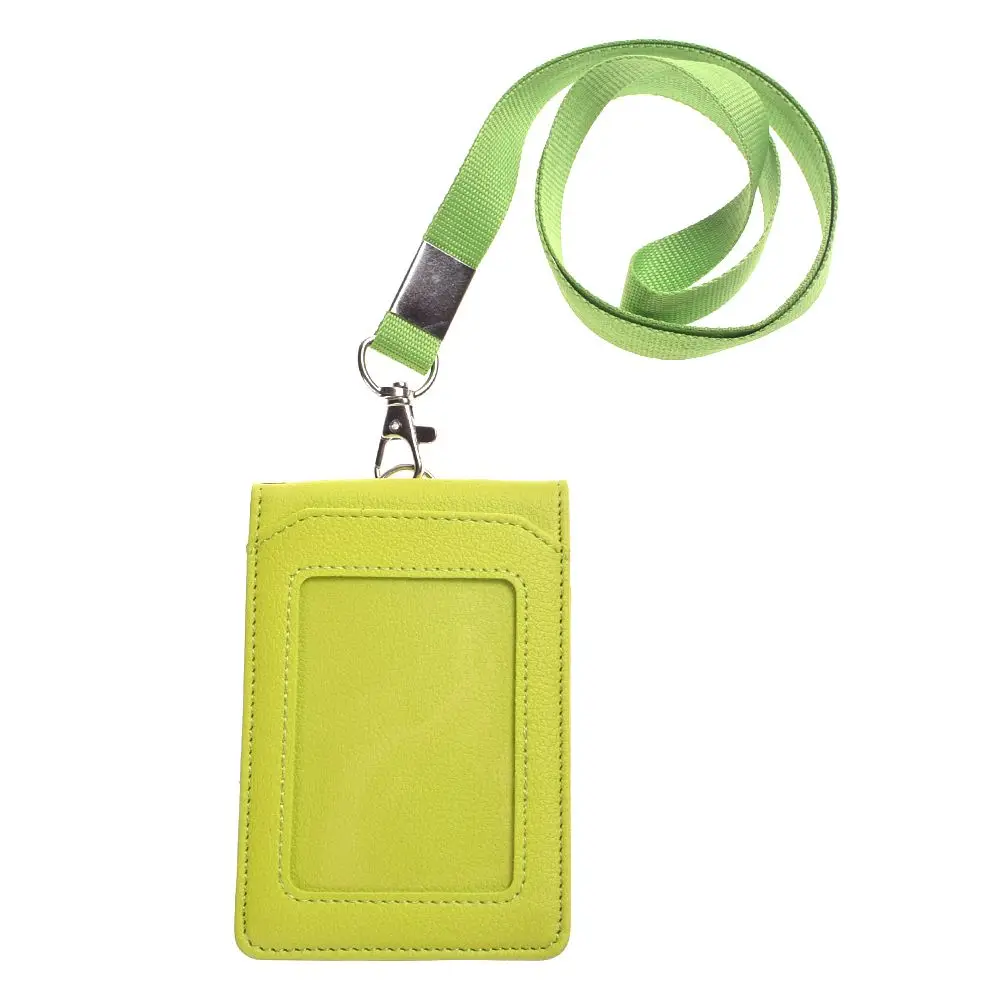Green Leather Wallet Work Office ID Card Credit Card Badge Holder+ Lanyard+ 5 Slots Bank Card Holders ID Badge Holders Accessories - Color: Green