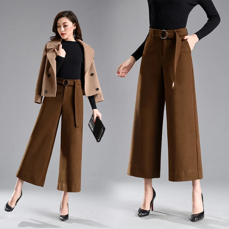 Офисные женские туфли высокого однотонные шерстяные широкие брюки шнурок до