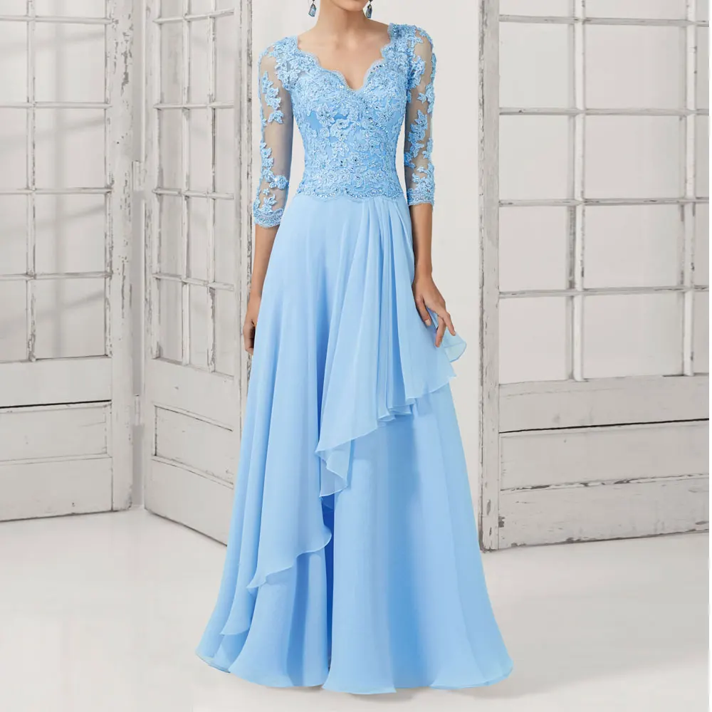 Кружевное длинное платье официальное жемчужиной элегантный v образный вырез