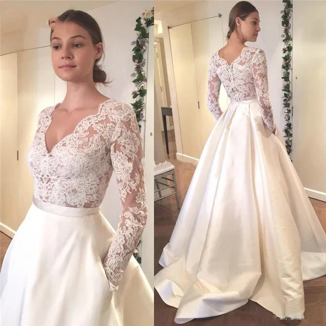 BONJEAN V-neck A Line Wedding Dresses 2019 Vintage Appliques Vestido de Noiva New Button Back Long Sleeve Satin Lace Bridal Gown | Свадьбы и