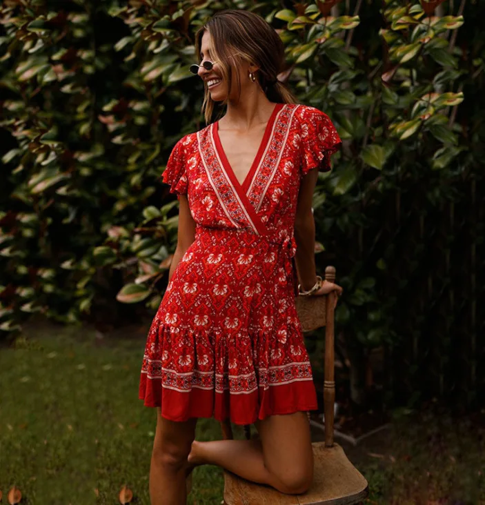 Женское богемное пляжное платье с принтом весеннее Короткое женское Бохо С