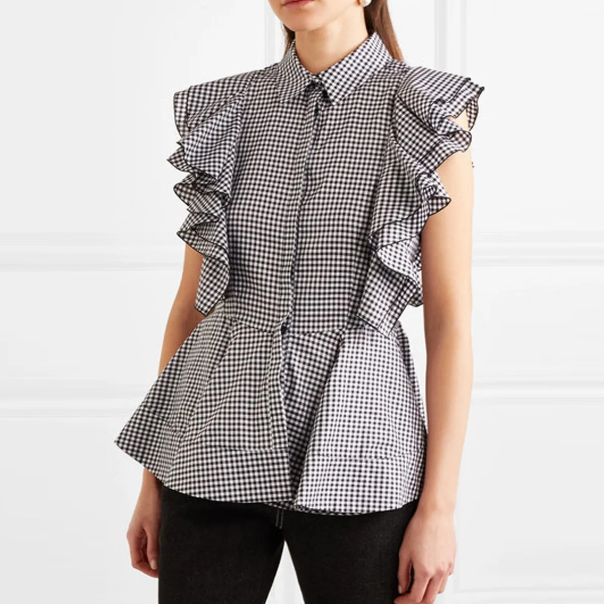 Женская клетчатая рубашка с принтом топы без рукавов блуза рюшами на рукавах Blusas