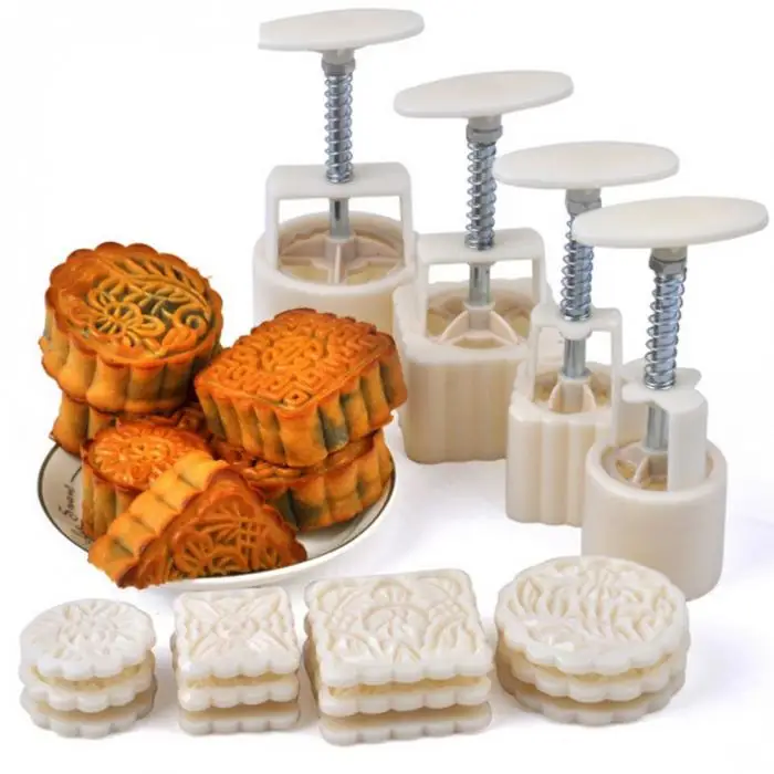 3 / 5pc square round moon cake mold hand molding machine mold, with flower print DIY mold pastry moon cake-TP