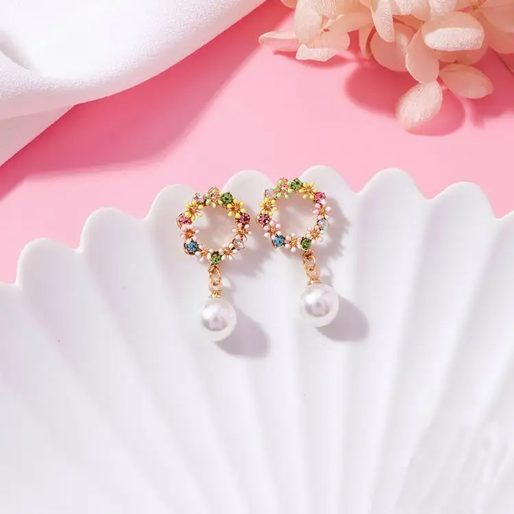 6 circle pearl MENGJIQIAO новые цветные милые маленькие серьги-гвоздики в виде цветка для женщин модные летние серьги ювелирные изделия Стразы Букле д 'ореиль - Окраска металла: 6 circle pearl