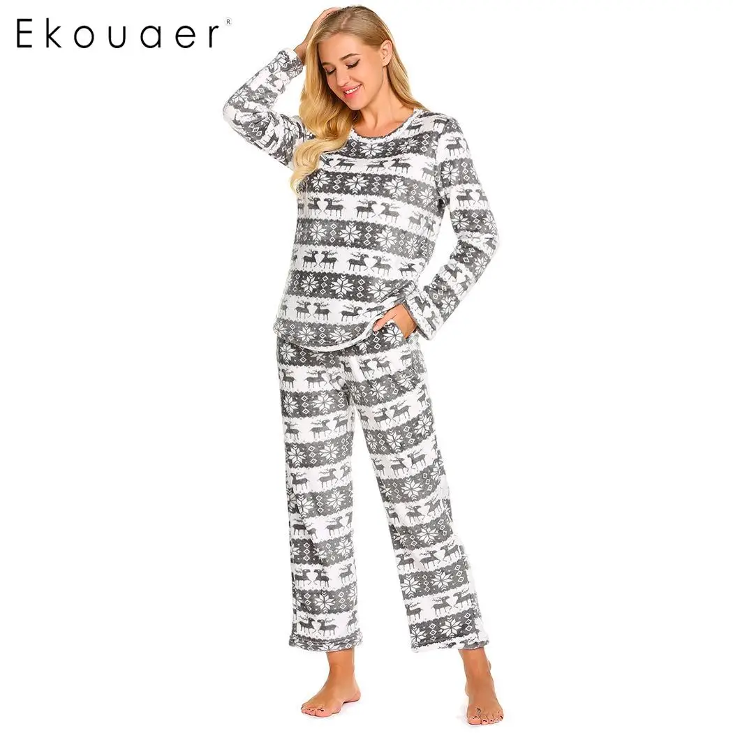 Ekouaer/осенне зимние женские пижамные комплекты пижамы с длинными рукавами и