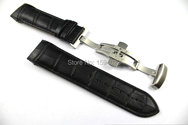24mm (Buckle 22mm) T035627 T035614A High Quality Silver Butterfly Buckle + Black Genuine Leather Watchband belts For T035617 man