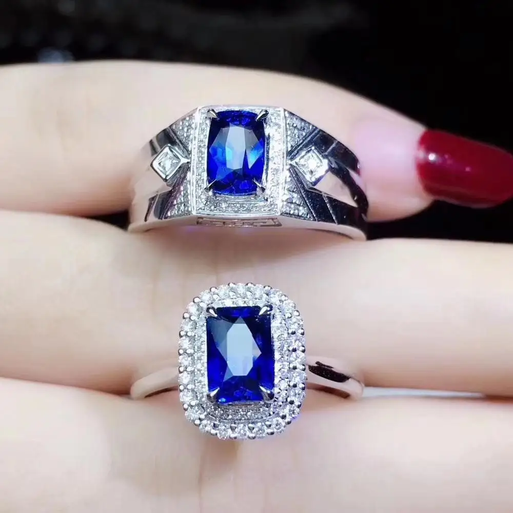 Парное кольцо Naural blue сапфировое из драгоценных камней с серебром 925 пробы по