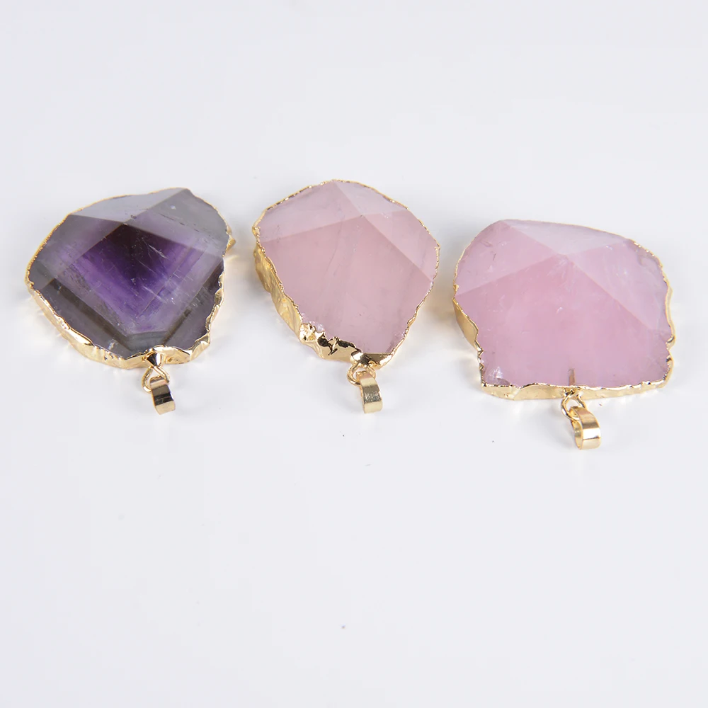 

Gold Color Natural White Pink Clear Purple Crystal Quartz Pendants Rock Irregular Gem Stone Reiki Women Jewellery D111