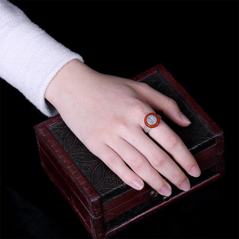 Женское регулируемое кольцо из серебра 2019 пробы с мозаикой агата|Кольца| |