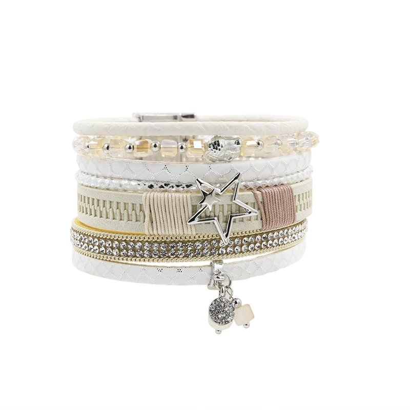 Женский браслет из искусственной кожи многорядный стразы с головой Будды и