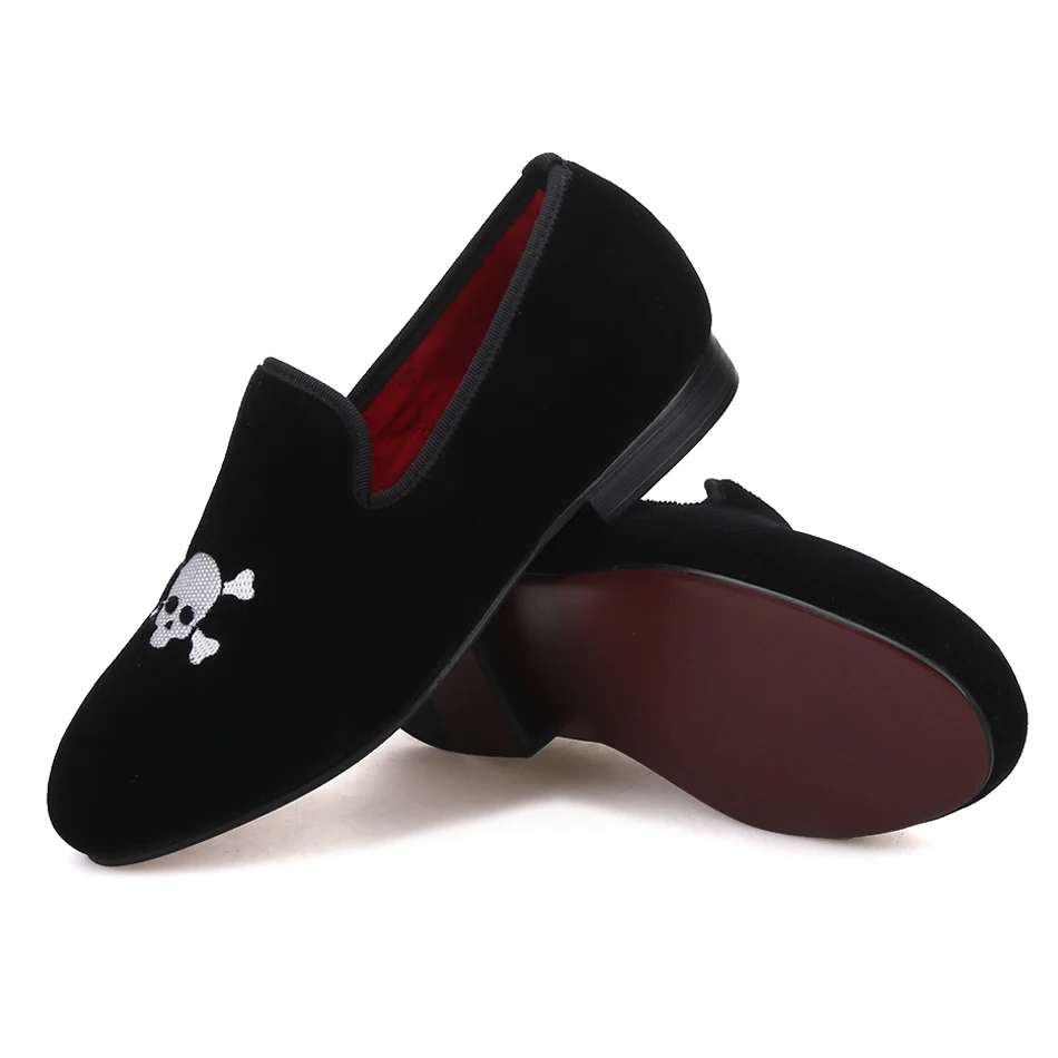 Piergitar 2019 New Handmade Children Velvet Shoes with Skull embroidery comfortably insole Party and birthday Children's Loafers |