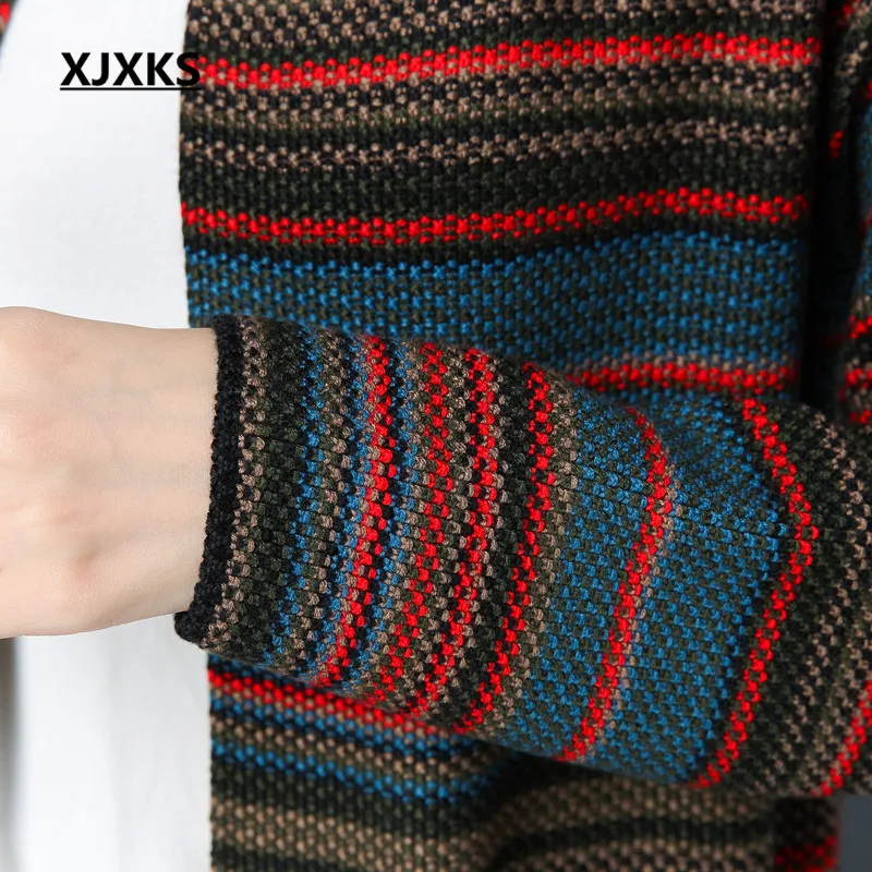 XJXKS Round Neck Caridgans Sweater Coat Lace Up Pockets With Colorful Striped Knitted Autumn Women Sweaters Coats |