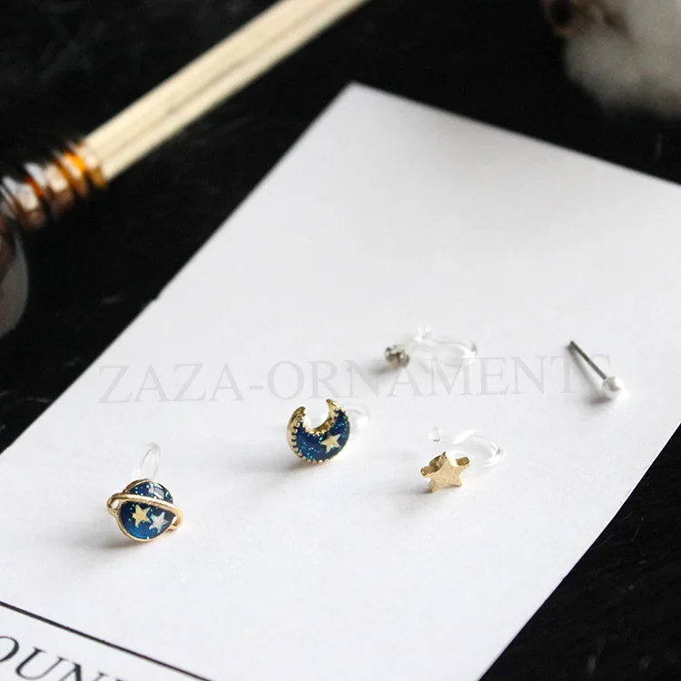 Korea cute star moon clip on earrings for girls round planet minimalis tiny small pairs kawaii gifts | Украшения и аксессуары