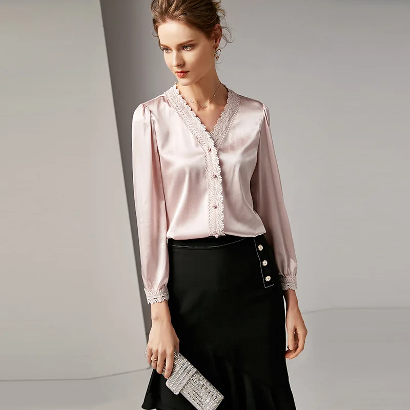 Light Pink Schinteon Европейская и американская модная женская блуза из натурального шелка с v-образным вырезом и длинным рукавом, однотонные вечерние рубашки, Новинка - Цвет: Light Pink