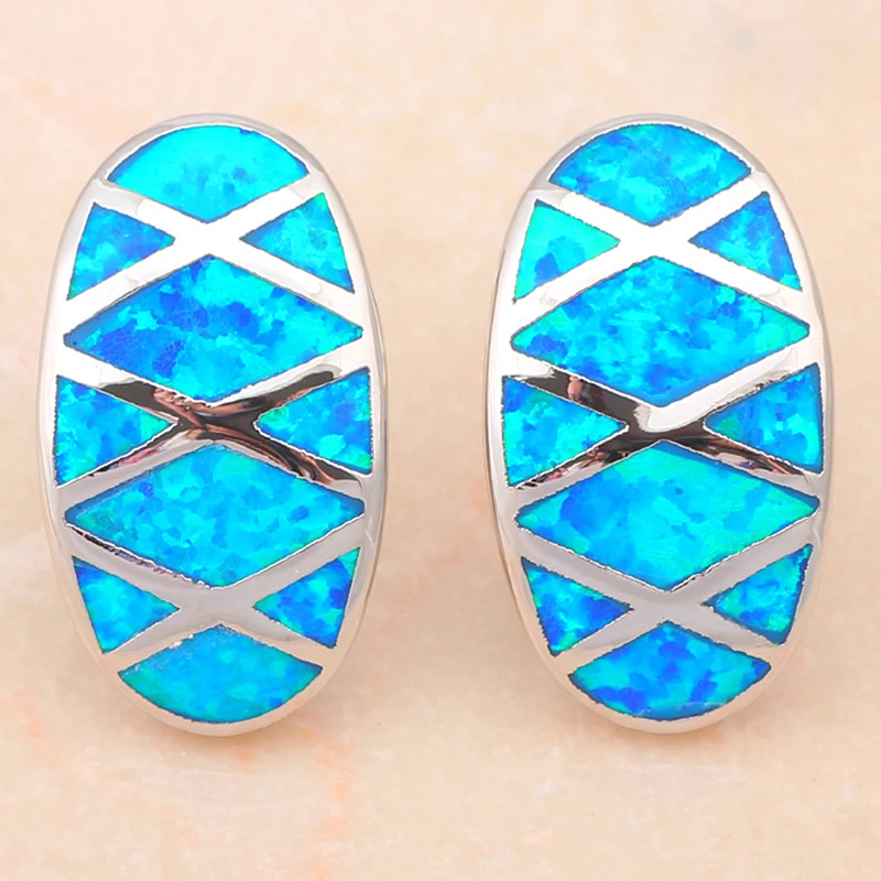 Женские серьги пусеты OE324 с синим огненным опалом серебристыми штамп опаловые