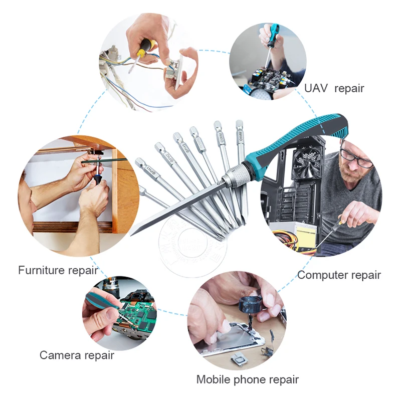 8 вставных бит + 1 шт. резиновая ручка Домашнее Оборудование Отвертка Набор