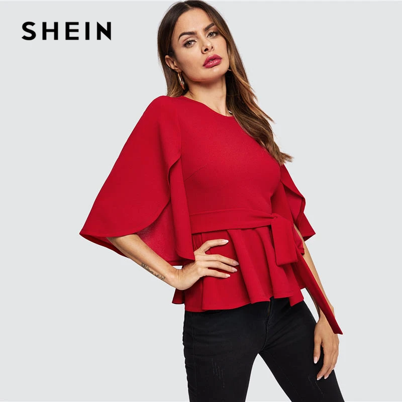 SHEIN Элегантная Блузка С Длинным Рукавом И Поясом Нарядная Блузка С Баской И Рукавом