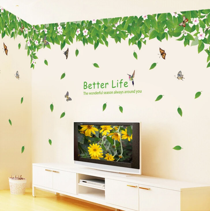Большие настенные наклейки с зелеными листьями и цветами домашний декор