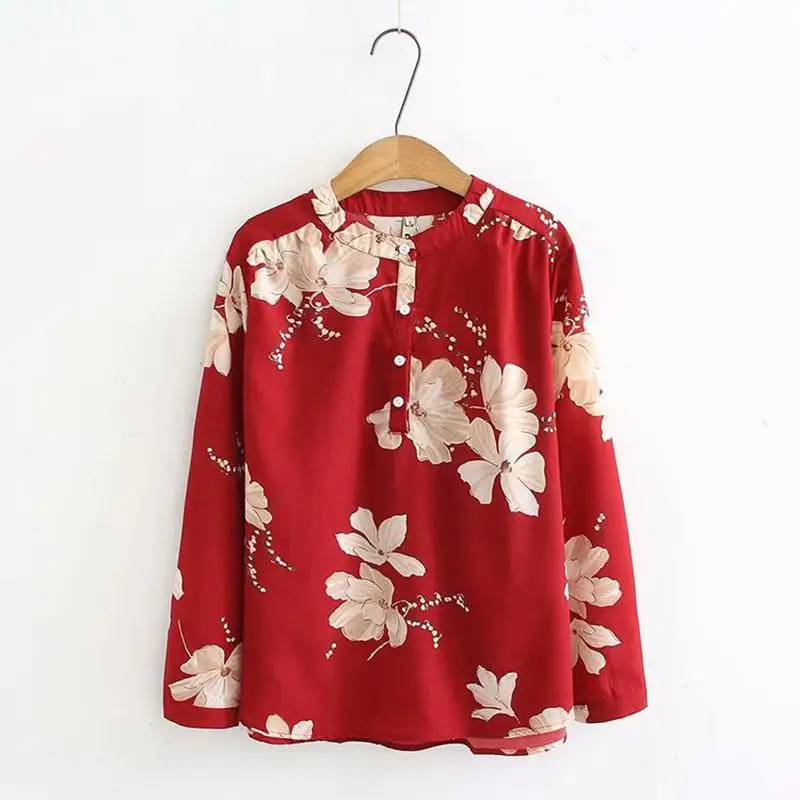 4XL Korean Fashion Autumn For Women Chiffon Blouse Plus Size Long Sleeve Floral Printed Red White Black Shirt Top Plus Size - Цвет: red