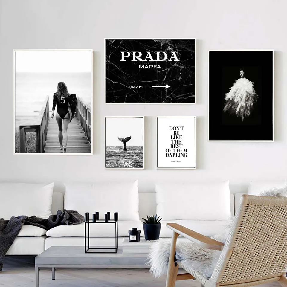 

Poster Fashion Surf Woman Letter Nordic Wall Pop Art Canvas Painting Black White Picture Prints Living Room For Home Decor