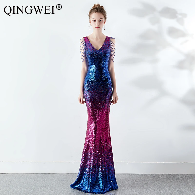 

2019 Gradient crystal diamond chain fashion dresses bag hip sequins chest pad sexy annual meeting wedding banquet party dress