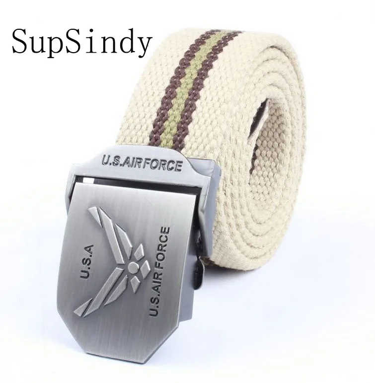 Beige stripes SupSindy мужские и wo мужские холщовые пояса ВВС США с металлической пряжкой Роскошные джинсовые ремни для мужчин винтажные Тактические пояса военный ремень мужской - Цвет: Beige stripes