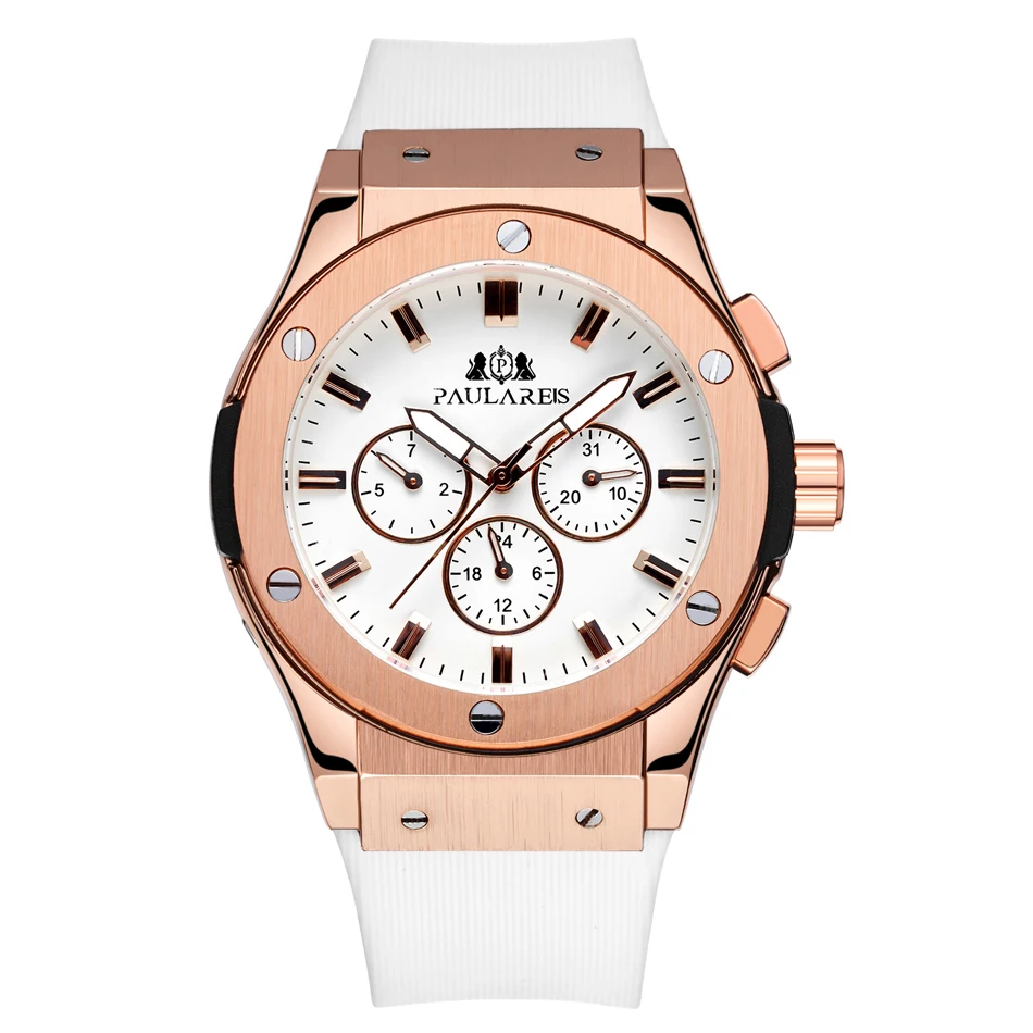 Rose Gold White Мужские механические часы с автоматическим заводом, розовое золото, серебро, черный чехол, коричневый кожаный резиновый ремешок, повседневные спортивные часы Geneve - Цвет: Rose Gold White