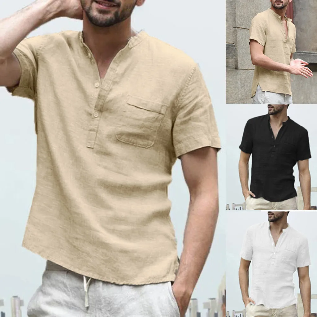 Мужская однотонная хлопковая рубашка с короткими рукавами мешковатая льняная в