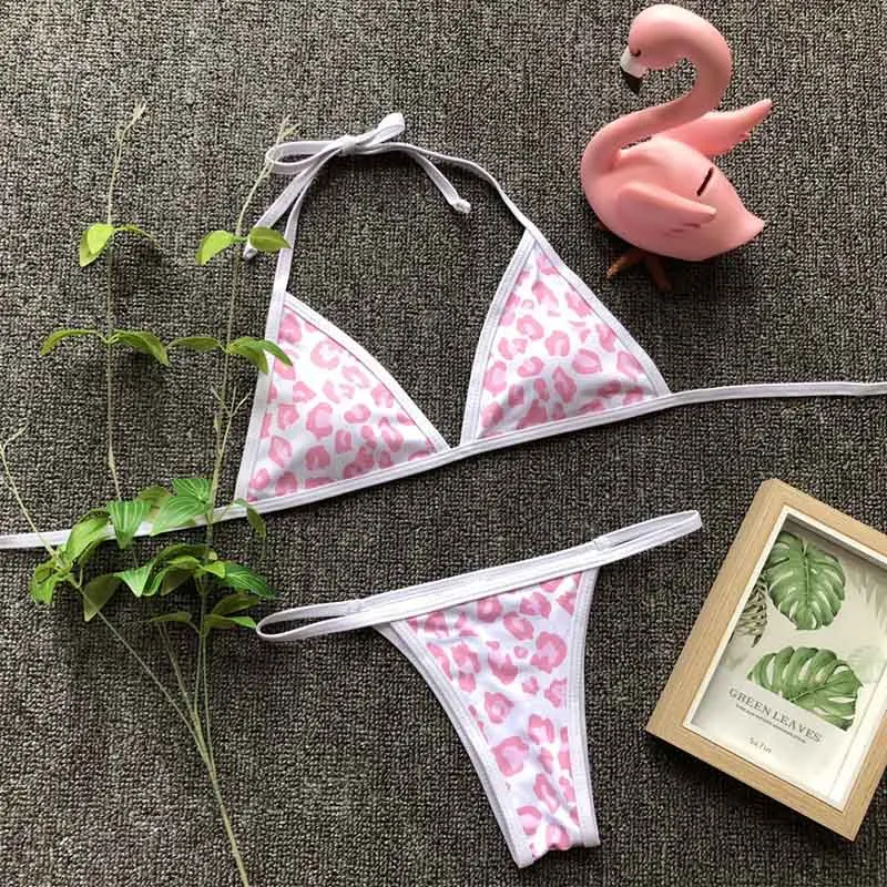Мини бикини розовый Леопардовый принт сексуальное Набор с высоким вырезом