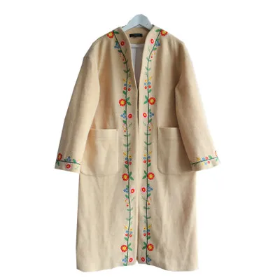 LYNETTE'S CHINOISERIE Spring Autumn Women Camel Flower Embroidery All-match Loose Casual Oversize Sweater Overcoat Outerwear |