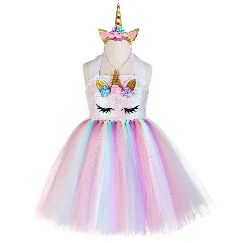 Dress and Headband Пастельные Блестки для девочек, единорог, набор с платьем-пачкой, принцесса, цветы, девочка, день рождения, вечеринка, платье, дети, Хэллоуин, единорог, костюм, наряд - Цвет: Dress and Headband