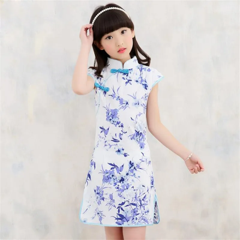 Летнее платье Ципао для девочек с цветочным принтом в виде лотоса детское