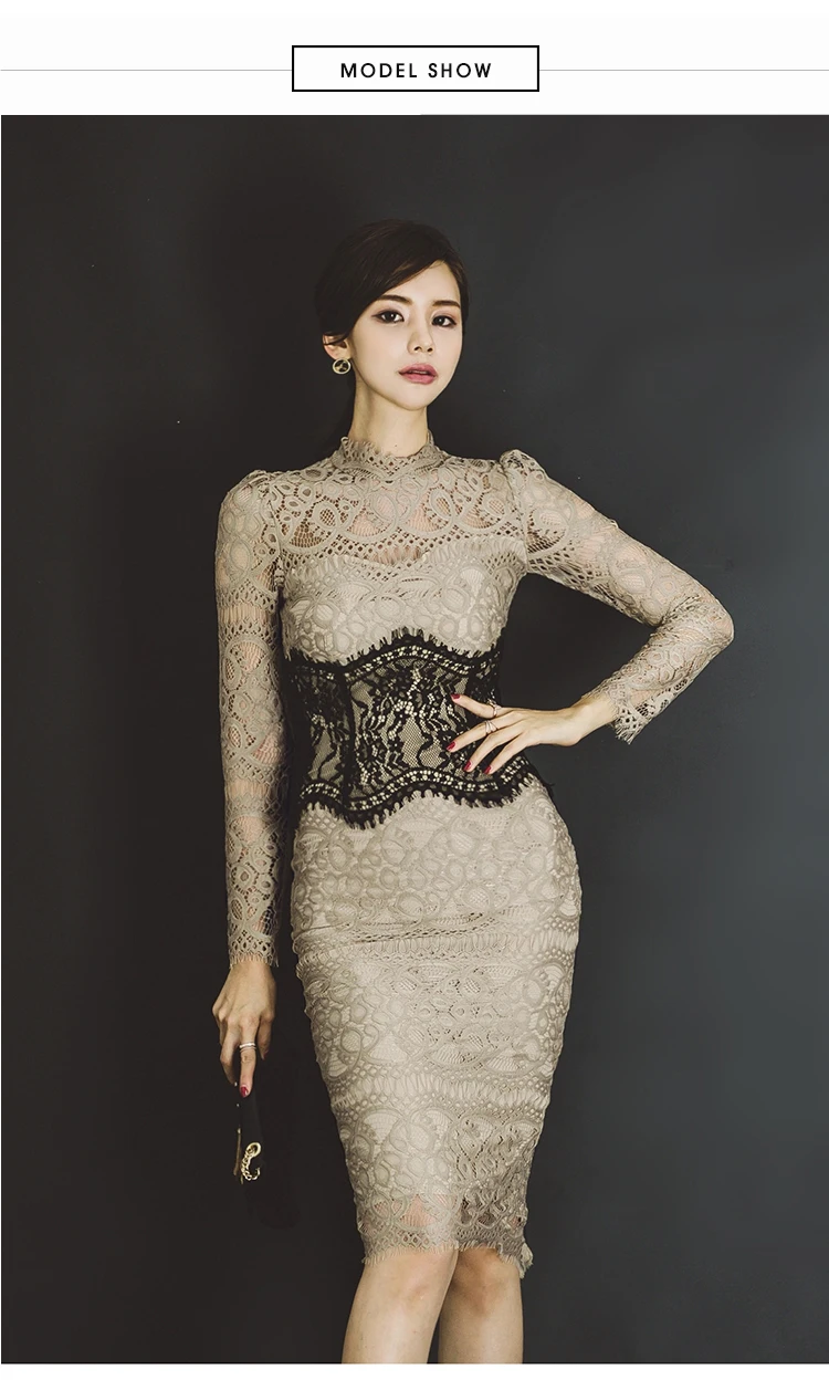 Высокое качество пружинная подставка шеи длинный рукав кружева Vestidos Высокая талия карандаш облегающее, сексуальное, вечернее платье